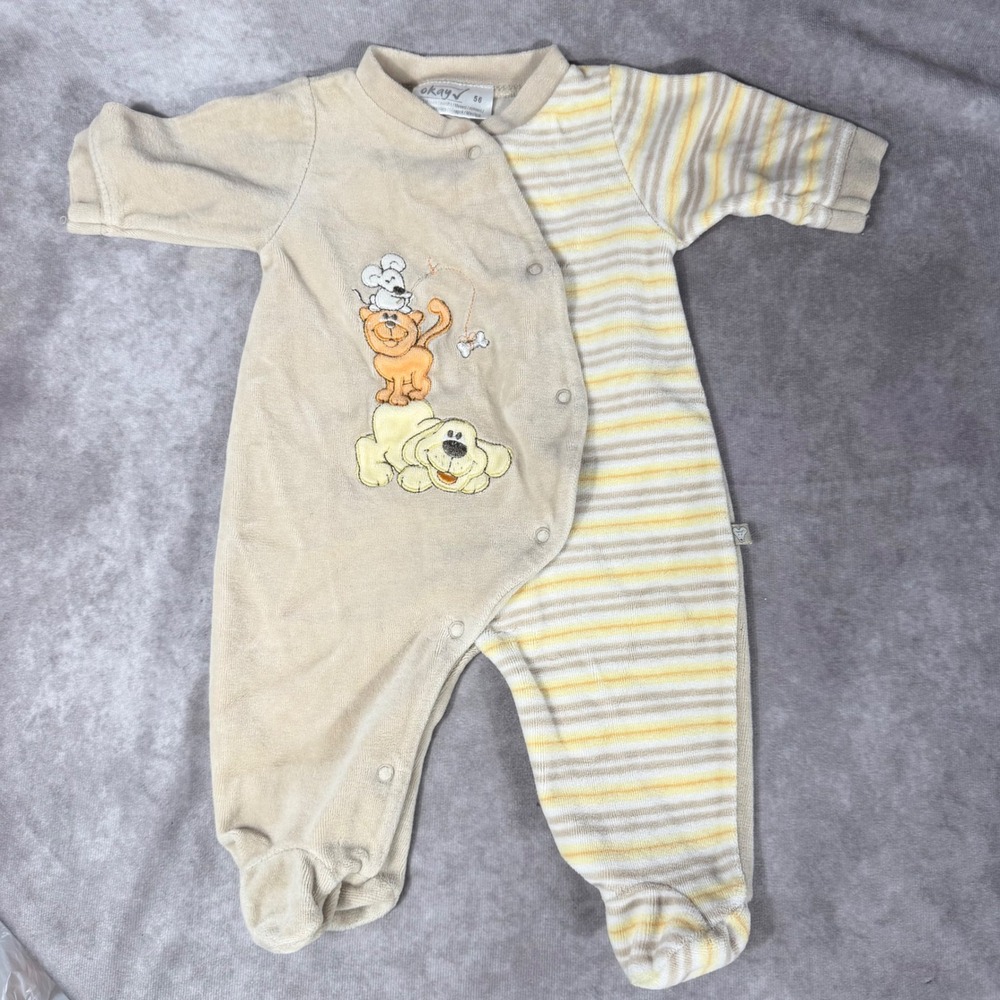 OKAY Baby Velour Footed Sleeper Tan Yellow Striped Animal Embroidery Size 1-2M